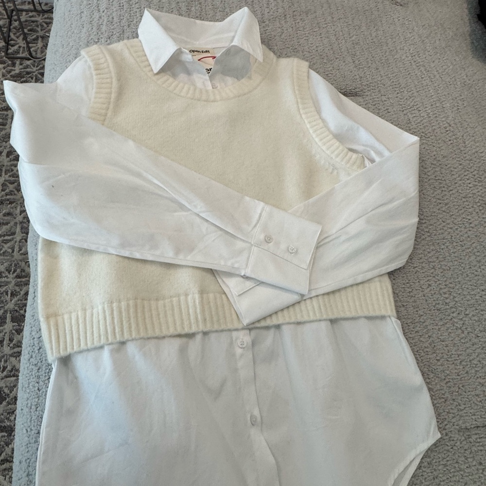 Open Edit Cream Knit Vest under a Button-Down Shirt — one piece!